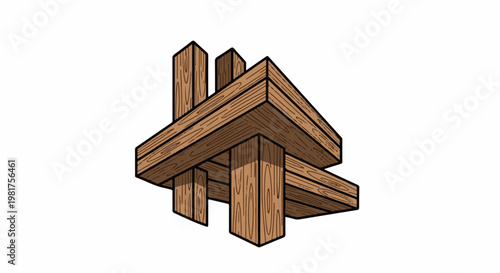 Intersecting wooden beams form an abstract geometric structure