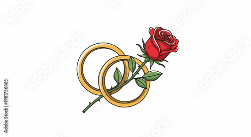 Intertwined gold wedding rings with a red rose and stem
