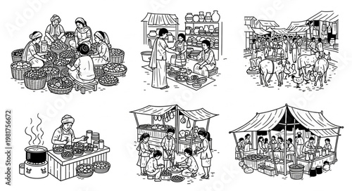 Collection of Market Scenes and People Trading Goods.