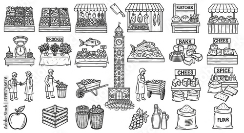 Collection of Market Stalls and Produce Illustrations.