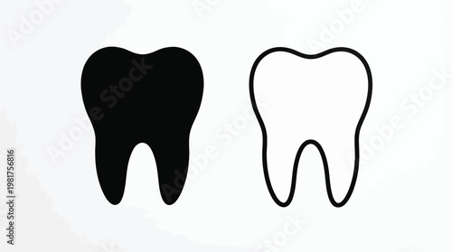 Two tooth illustrations a black silhouette and a white outline depicting dental anatomy and health