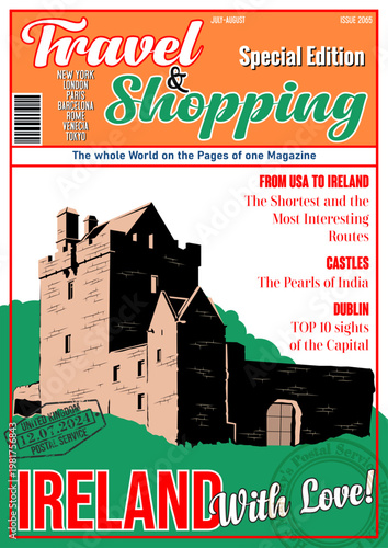 Travel and Shopping Magazine Fake Cover. Ireland with Love. Main Tourist Attractions Medieval Castle Illustration. Ruins Panorama, Ireland Flag, Vector Template for Touristic Illustrations, Posters