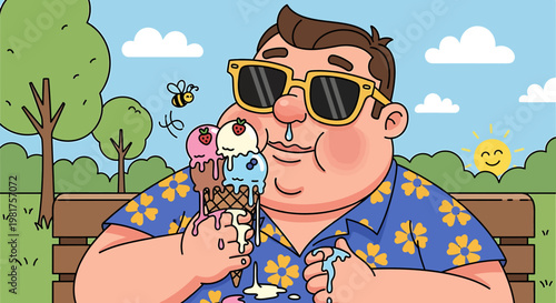 Man enjoying ice cream cone in the summer heat with sunglasses.