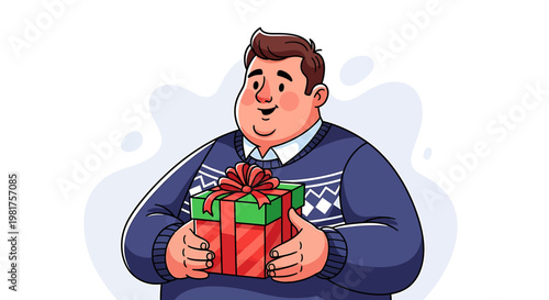 Man holding a gift box with a red bow smiling happily.