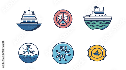 Six nautical themed icons in a clean, vector style arrangement