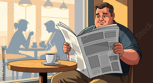 Man Reading Newspaper and Drinking Coffee at Cafe.