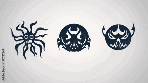 Three dark, stylized monster icons on a light background; each with unique menacing features