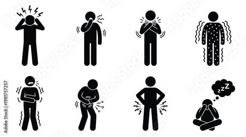 Illustrative stick figures depicting various physical and emotional ailments and human conditions