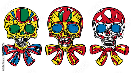 Three stylized skulls with bows, vibrantly colored, outlined in black, on a white background