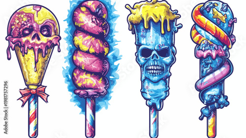 Four stylized spooky lollipops featuring skulls and candy, in varied colors