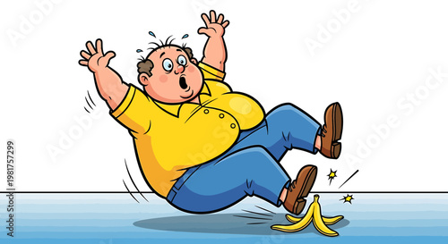 Man slips on banana peel, falling down, comical accident, funny situation.