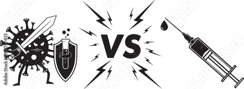 A dramatic graphic symbolizing the ongoing battle between a threatening virus and medical advancements, highlighting the critical importance of health, immunity, and prevention strategies