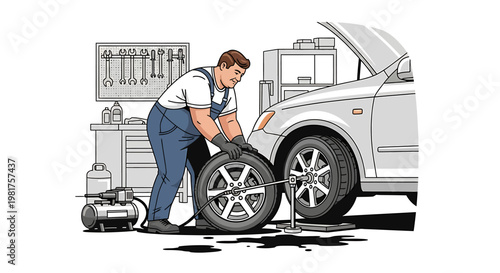 Mechanic changing a car tire in a garage.