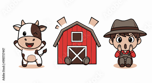 Happy cartoon cow winking with a red barn and surprised farmer.