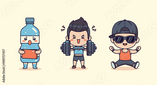 Cute Cartoon Water Bottle and Two Gym Enthusiasts in Action.