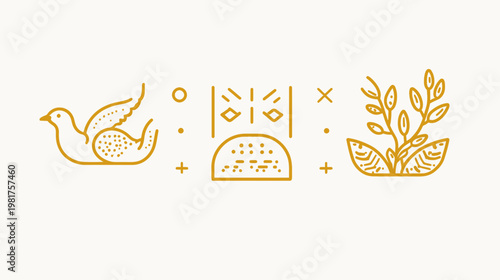 Line art illustration with a bird, abstract shape, and plant on off-white backdrop