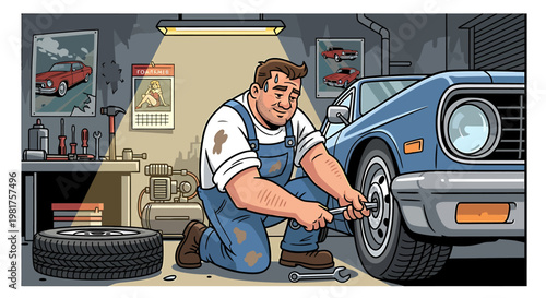 Mechanic diligently changing a car tire in a garage.