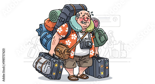 Overloaded Tourist Struggling With Excessive Luggage and Bags.
