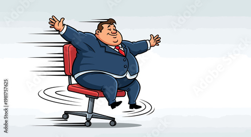 Overweight businessman spinning rapidly in an office chair.