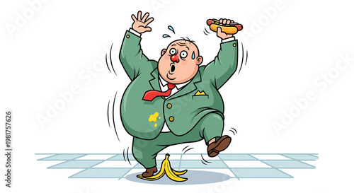 Overweight businessman slipping on a banana peel while holding a hot dog.