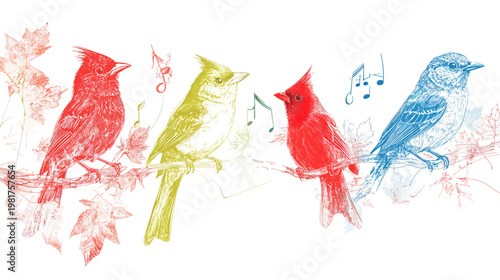 Colorful birds perched on a branch amidst leaves, musical notes float around them