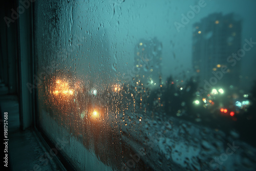 雨の窓越しに見る都会の夜景 静かな雨の日の風景