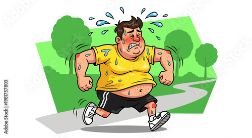 Overweight man jogging with determination and sweat in cartoon style.
