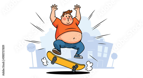 Overweight man in orange shirt and blue jeans attempting a skateboard trick.