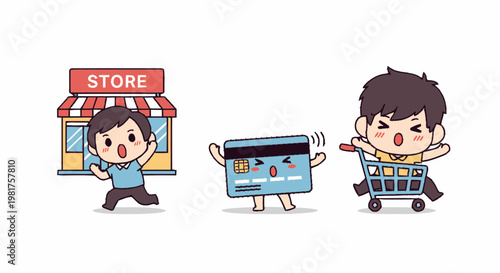 Cartoon Characters Shopping, Running, and Enjoying Credit Card Purchase.