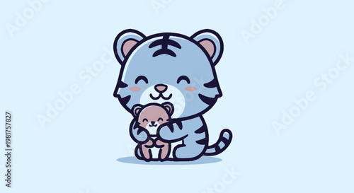 Adorable cartoon tiger hugging a cute teddy bear with love and affection.
