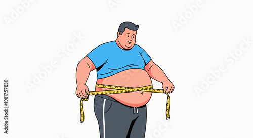 Overweight man measuring his waistline with a yellow measuring tape.