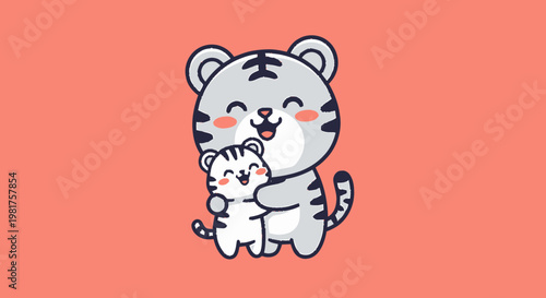 Adorable cartoon tiger parent hugging its cute cub with affection and love.