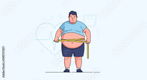 Overweight man measuring his large belly with a tape measure.
