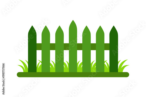 Green picket fence with grass and leaves on checkered background