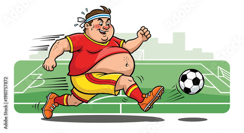 Overweight man playing soccer with determination and effort.