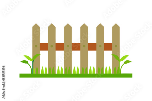 Simple wooden picket fence with green sprouts and grass for backyard decoration vector graphic art