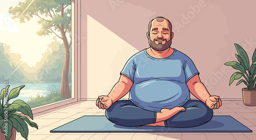 Overweight man meditating in lotus position on yoga mat.