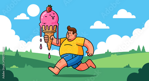 Overweight man running with a melting ice cream cone.