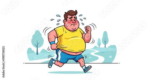 Overweight man running in park, sweating, trying to exercise for health.