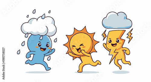 Cute Cartoon Weather Characters Running Happily in a Row.
