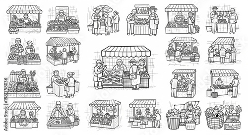 Collection of hand drawn market stalls with produce and people.