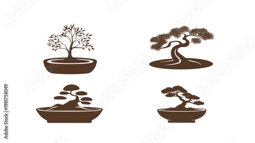 Four bonsai tree icons in varying styles. Brown silhouettes on white background