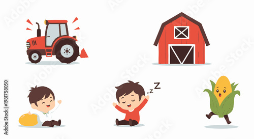 Red Cartoon Farm Tractor Icon Illustration.