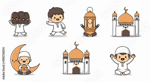Cute cartoon characters celebrating Islamic Ramadan festival with joy.