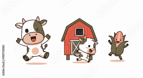 Cheerful cartoon cow jumping with joy near a red barn and corn.