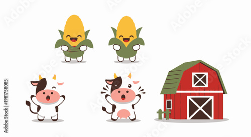 Cheerful cartoon cows and corn characters with a red barn illustration.