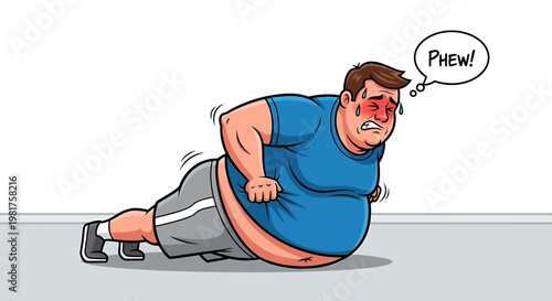 Overweight man struggles with push ups during workout exercise.