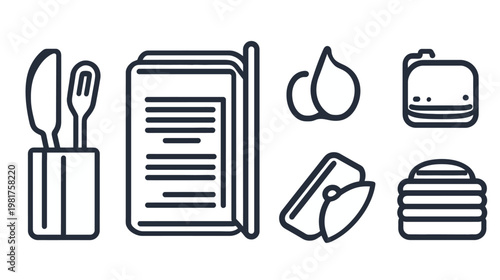 Illustration of meal components utensils, a menu, garlic, filled pita, burger, pancakes