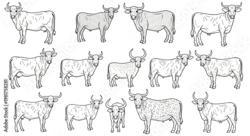 Collection of Highland Cattle Illustrations in Black and White.