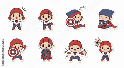 Adorable Cartoon Superhero Characters Posing in Various Action Scenes.